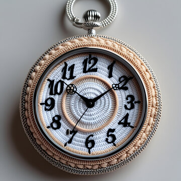 A intricately designed, highly detailed crochet keychain pocket watch with a circular face, featuring embroidered numbers in a elegant, cursive font, displayed in a silver-gray thread that contrasts 