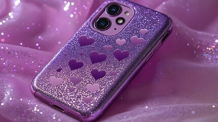 Shimmering purple case with bouncing emoji hearts