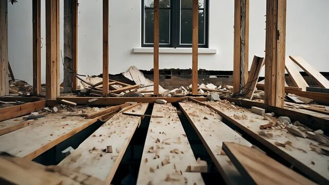Interior view of a partially demolished house with exposed wooden framing, broken floorboards, and construction debris scattered inside

