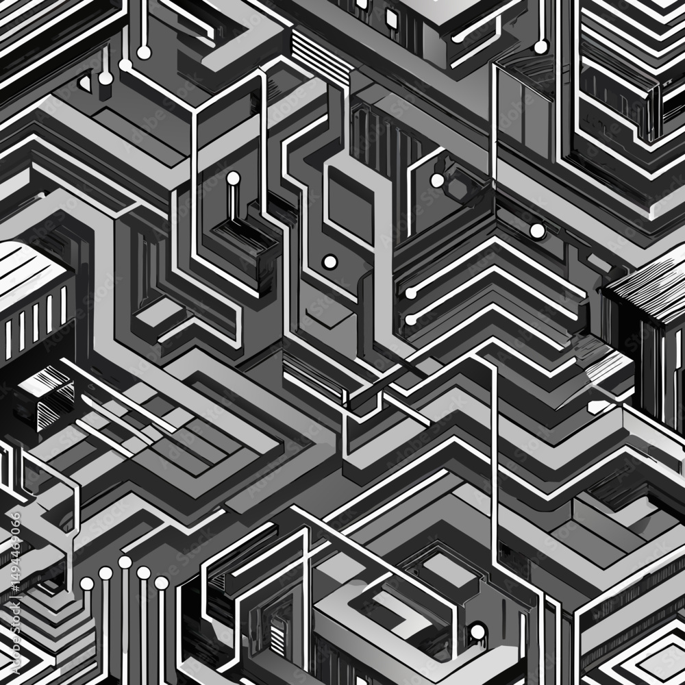 Poster futuristic seamless vector pattern with minimalistic black and white geometric lines