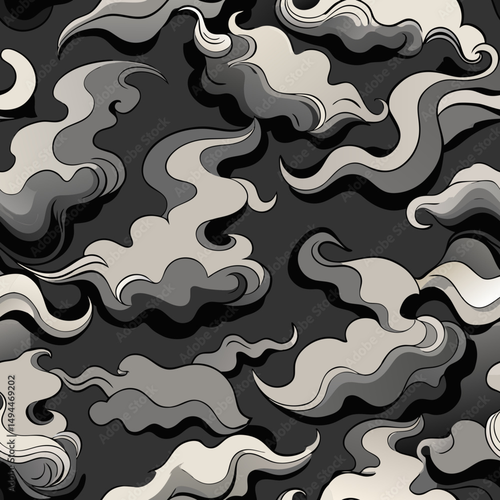 Poster abstract seamless vector pattern with swirling smoke shapes in grey tones