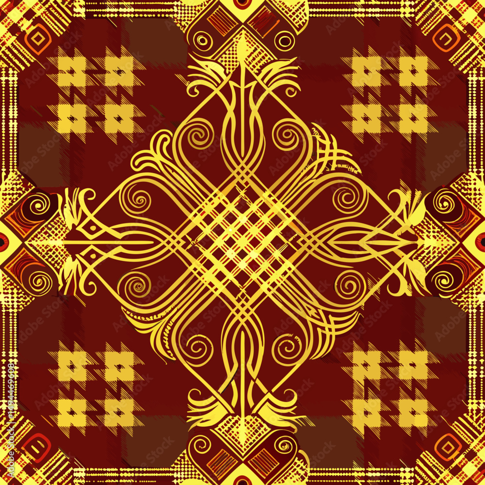 Poster opulent gold and crimson plaid pattern with intricate design concept of seamless vector pattern