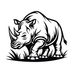 Stylized Black and White Rhino Standing in Grassy Plain Flat Design