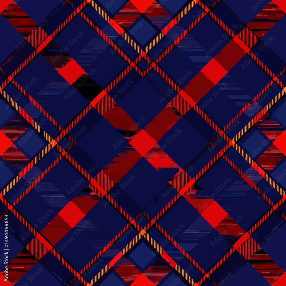 Poster opulent tartan vector pattern in dark blue and deep red with seamless design