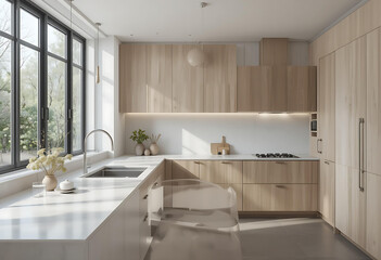 Fototapeta premium Luxury home bathroom interior design features a clean sink, modern mirror, and ample light from a window