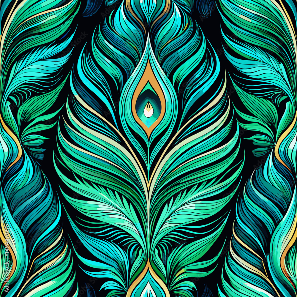 Poster abstract seamless vector pattern featuring peacock feathers in emerald tones