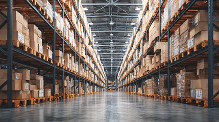 Fototapeta premium Spacious Industrial Warehouse with Tall Racks and Cardboard Boxes