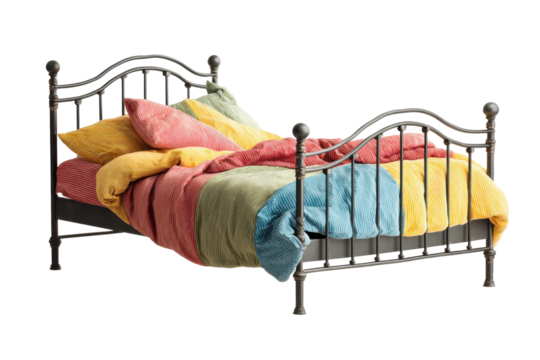 PNG Vintage iron bed with colorful striped bedding ensemble