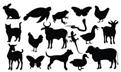 A vector set features black silhouette illustrations of farm animals, wild mammals, and nature icons.