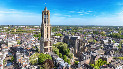 Utrecht town аerial drone view from above, typical Dutch city skyline, Utrecht cityscape with tower, canals and houses, Holland, Netherlands