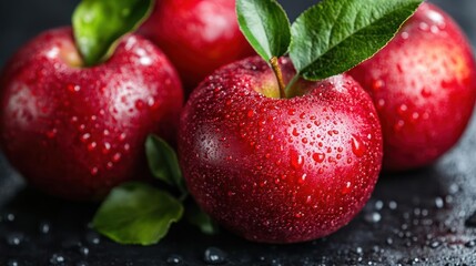 Fresh red apples with water droplets on a dark surface.