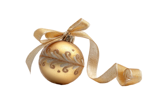 PNG Elegant gold christmas bauble with ribbon and decorative leaf design