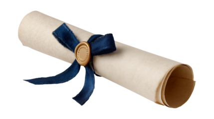 Diploma scroll with navy blue ribbon and gold wax seal