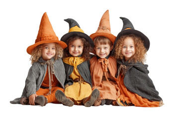 PNG Group of caucasian young children in halloween witch costumes with hats