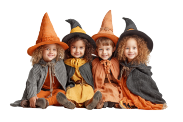 PNG Group of caucasian young children in halloween witch costumes with hats