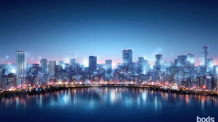 Naklejka premium Night cityscape reflection, vibrant lights, urban skyline.