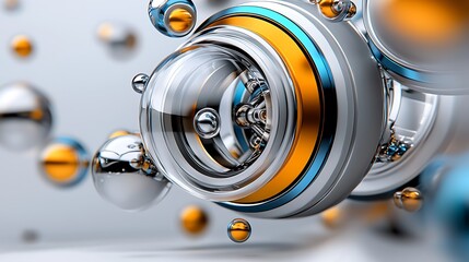 there is a silver and gold clock with many balls in the background