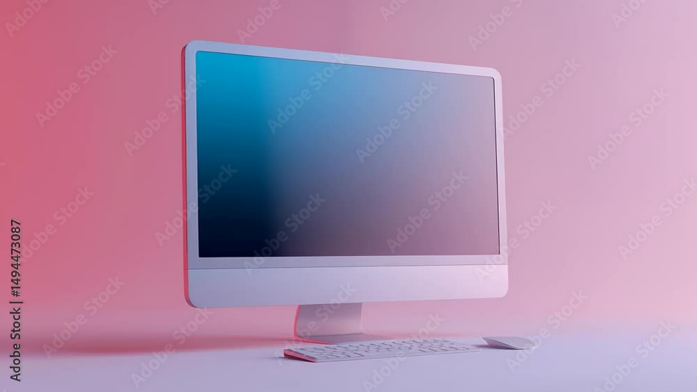 Poster minimalistic computer setup with pink hue, free space for design