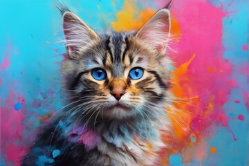 Dynamic and playful digital painting of a tabby cat with vibrant colors and visible brushstrokes, creating a whimsical mood.