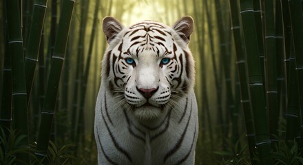Majestic White Tiger in Bamboo Forest