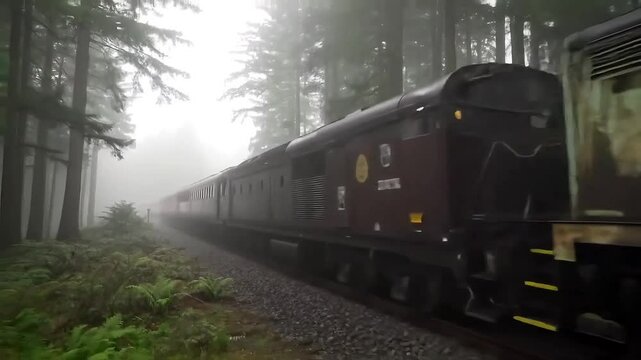 Old diesel locomotive moving through foggy forest tracking shot from behind trees on both sides subtle rumble of engine no people or animals visible