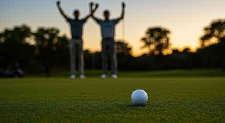 Two golfers celebrate a hole-in-one at sunset