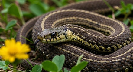 Striped Garter Snake in Meadow