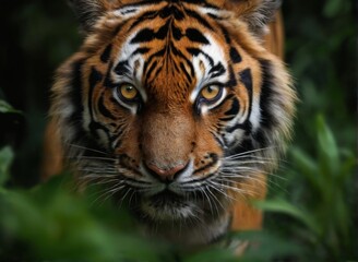 Fototapeta premium Closeup portrait of a serious tiger with orange fur and piercing yellow eyes in natural habitat.