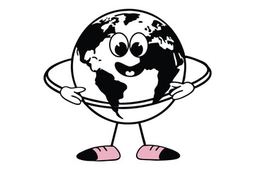 Earth Cartoon Character With Big Eyes, Arms on Hips, Smiling, Black and White Art