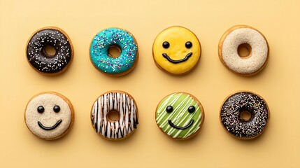 Obraz premium Colorful glazed donuts arranged in a grid pattern.