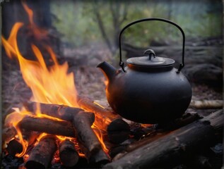 Serene black teapot on fire pit with blazing flames and wooden logs in tranquil wooded setting.