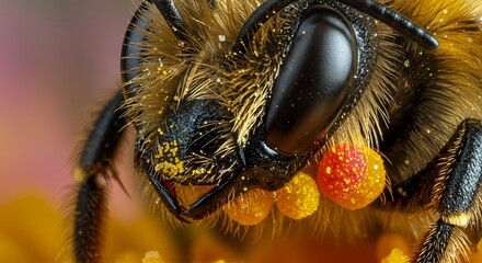 Macro Photography: Bee's Head Close Up, Pollen Grains, Nature Details