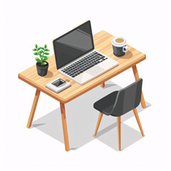 Fototapeta premium Isometric wooden desk with laptop, coffee cup, smartphone, potted plant, and chair in modern workspace 