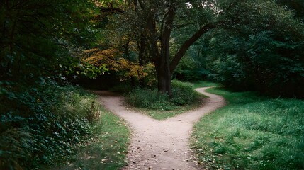 Peaceful forked path in tranquil natural environment with soft diffused light symbolizing life decision, direction, and the concept of personal choice and crossroads
