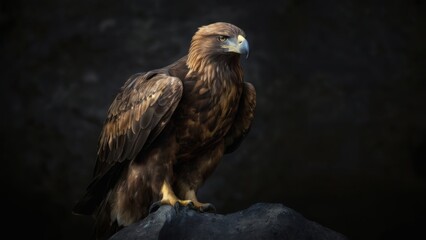 Obraz premium Golden Eagle Perched on Rock in Dark Background, Wings Spread, Eyes Piercing Yellow Low Angle View