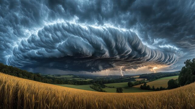 Dramatic storm clouds over a rolling landscape.