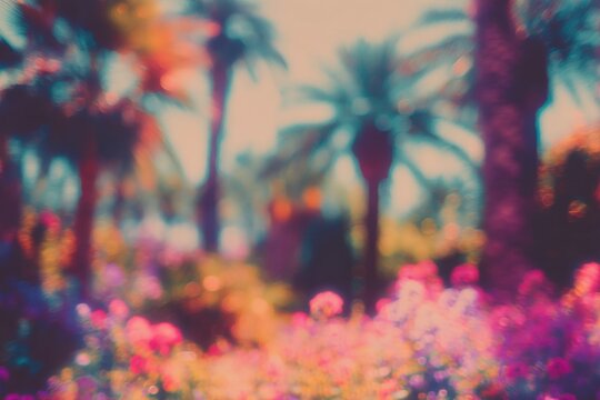 Tropical Garden Blurred Palms Colorful Flowers Vibrant