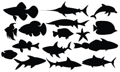 Set of black fish silhouettes in various shapes and styles on white background