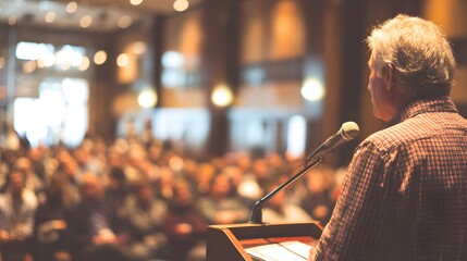Confident public speaker delivering a compelling presentation on stage, upper body view under dramatic side lighting with blurred audience and conference hall ambiance