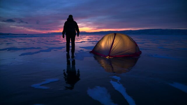 Hiker man walks near illuminated tent on ice surface of frozen lake, twilight