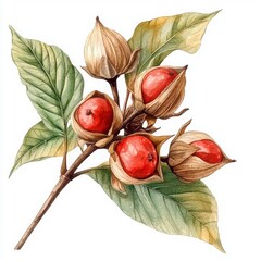 Vibrant Red Berries Surrounded by Leaves and Buds in Watercolor Art