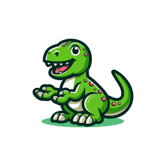 Fototapeta premium Cute cartoon green dinosaur T-Rex character illustration with a friendly smile, sitting and presenting, isolated vector art on white background.