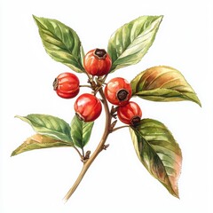 Vibrant Red Berries on Branch with Lush Green Leaves Illustration
