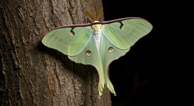 Luna Moth on Tree Bark: A Nighttime Encounter