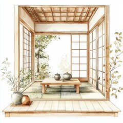 Tranquil Japanese Tea Room with Natural Elements and Minimalist Design
