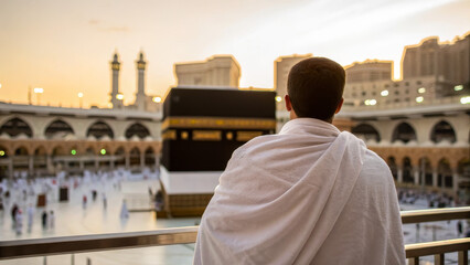 Muslim pilgrim in Ihram clothing standing in front of the Kaaba at Masjid al-Haram, Mecca