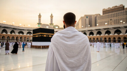 Muslim pilgrim in Ihram clothing standing in front of the Kaaba at Masjid al-Haram, Mecca