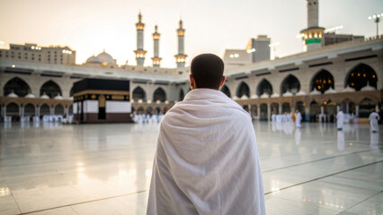 Muslim pilgrim in Ihram clothing standing in front of the Kaaba at Masjid al-Haram, Mecca
