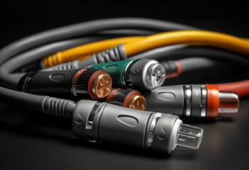 Close-up of colorful audio cables on black background.