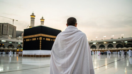 Muslim pilgrim in Ihram clothing standing in front of the Kaaba at Masjid al-Haram, Mecca